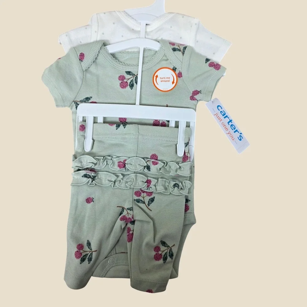 Carters Just One You Newborn Girls 3 Piece Floral Polka Dot Bodysuit Pants Set